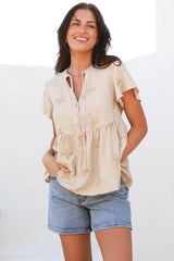 Siempre Top - Mandarin Collar Peplum Hem Top in Gigi Print Beige