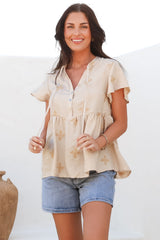 Siempre Top - Mandarin Collar Peplum Hem Top in Gigi Print Beige
