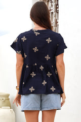 Siempre Top - Mandarin Collar Peplum Hem Top in Gigi Print Navy
