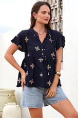Siempre Top - Mandarin Collar Peplum Hem Top in Gigi Print Navy
