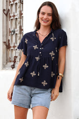 Siempre Top - Mandarin Collar Peplum Hem Top in Gigi Print Navy