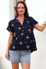 Siempre Top - Mandarin Collar Peplum Hem Top in Gigi Print Navy