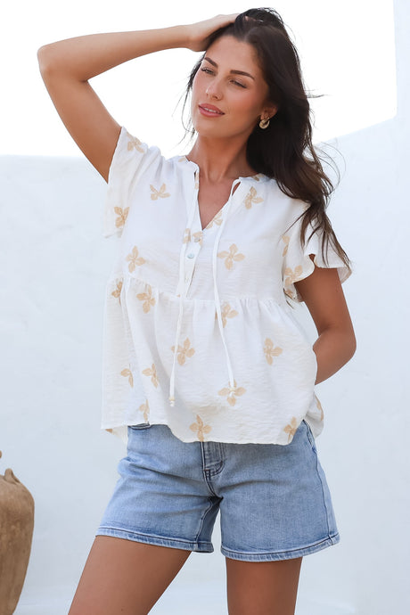 Siempre Top - Mandarin Collar Peplum Hem Top in Gigi Print White