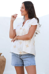 Siempre Top - Mandarin Collar Peplum Hem Top in Gigi Print White