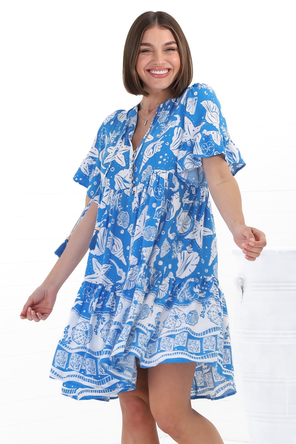 Siena Mini Dress - Flute Sleeve Tiered Smock Dress in Arwen Print