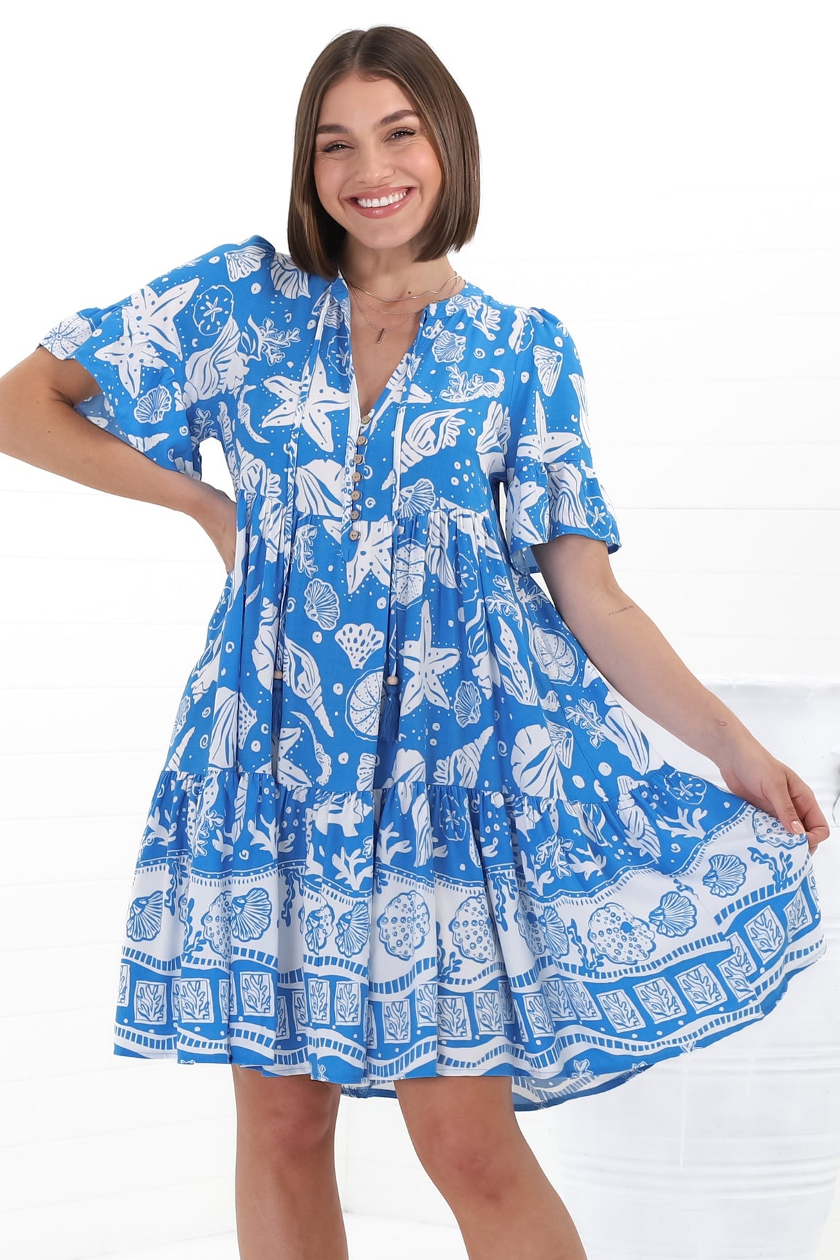 Siena Mini Dress - Flute Sleeve Tiered Smock Dress in Arwen Print