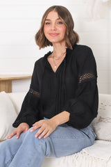 Silas Top - Cotton Blend Pleating and Crochet Detailed Long Sleeve Blouse in Black