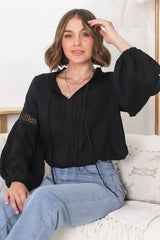 Silas Top - Cotton Blend Pleating and Crochet Detailed Long Sleeve Blouse in Black