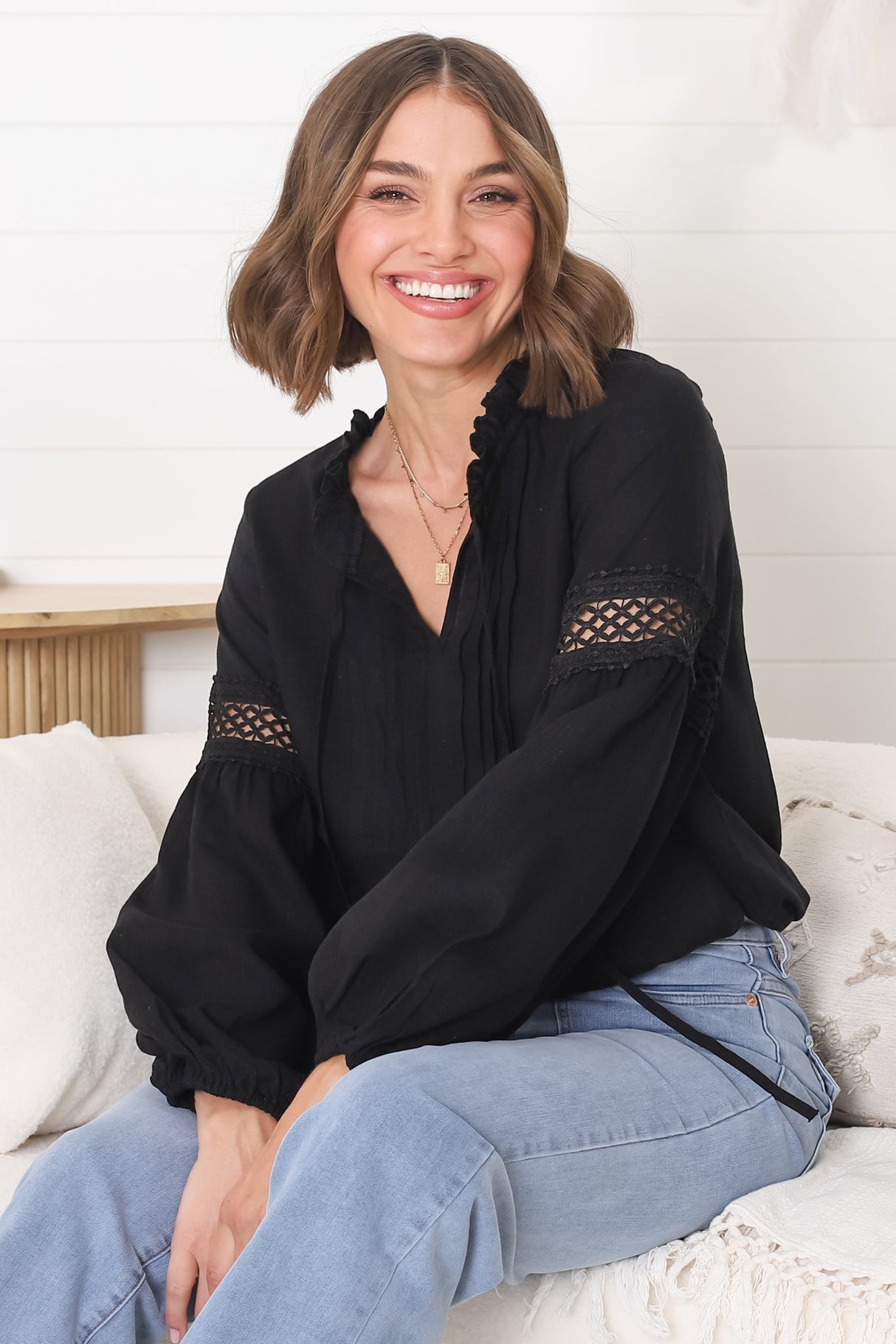 Silas Top - Cotton Blend Pleating and Crochet Detailed Long Sleeve Blouse in Black