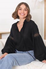 Silas Top - Cotton Blend Pleating and Crochet Detailed Long Sleeve Blouse in Black