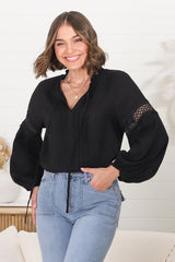 Silas Top - Cotton Blend Pleating and Crochet Detailed Long Sleeve Blouse in Black