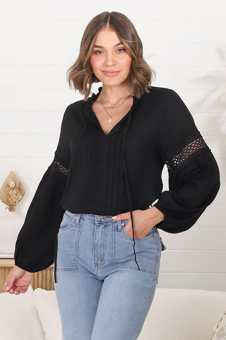 Silas Top - Cotton Blend Pleating and Crochet Detailed Long Sleeve Blouse in Black