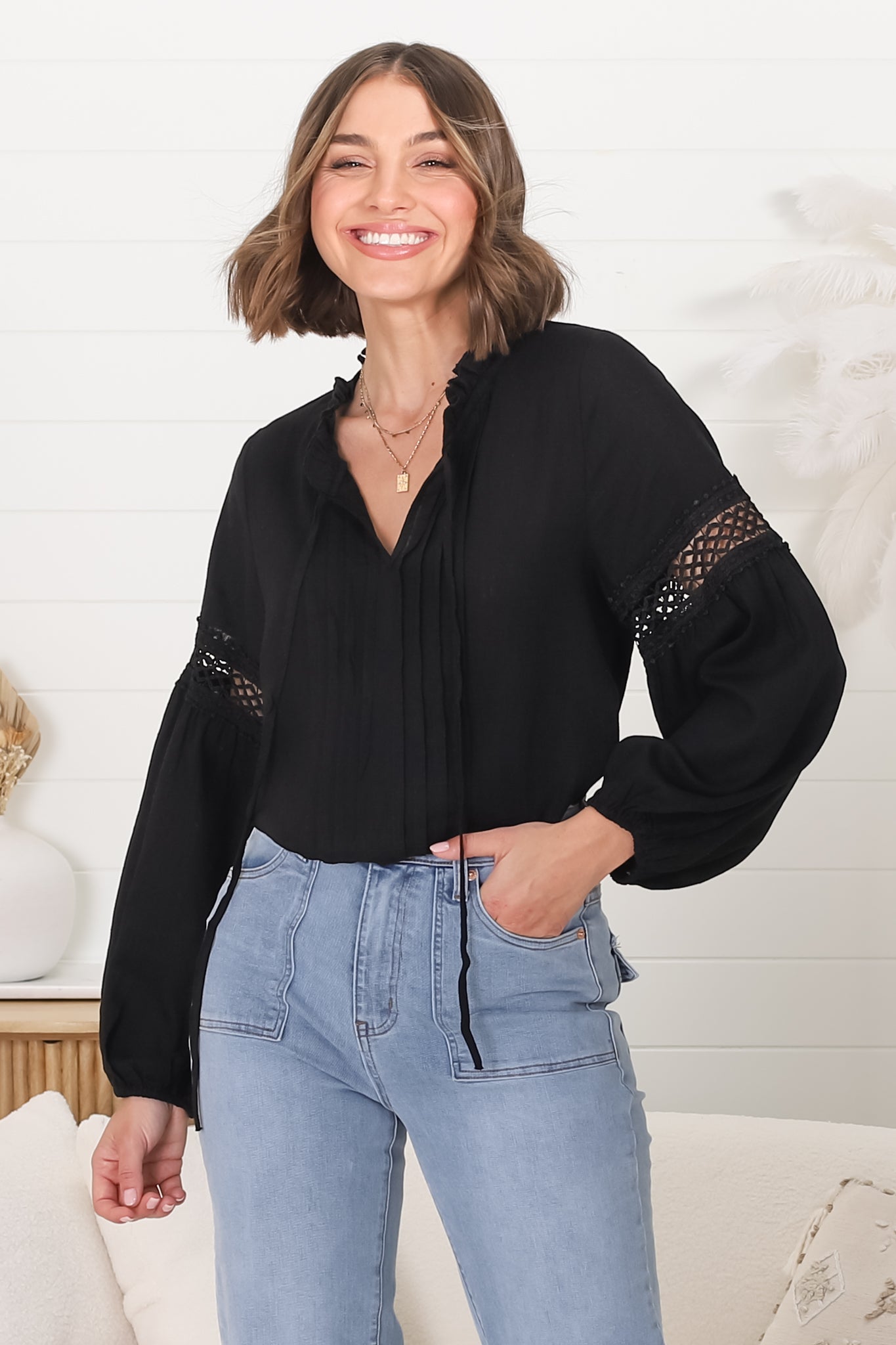 Silas Top - Cotton Blend Pleating and Crochet Detailed Long Sleeve Blouse in Black