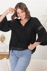 Silas Top - Cotton Blend Pleating and Crochet Detailed Long Sleeve Blouse in Black