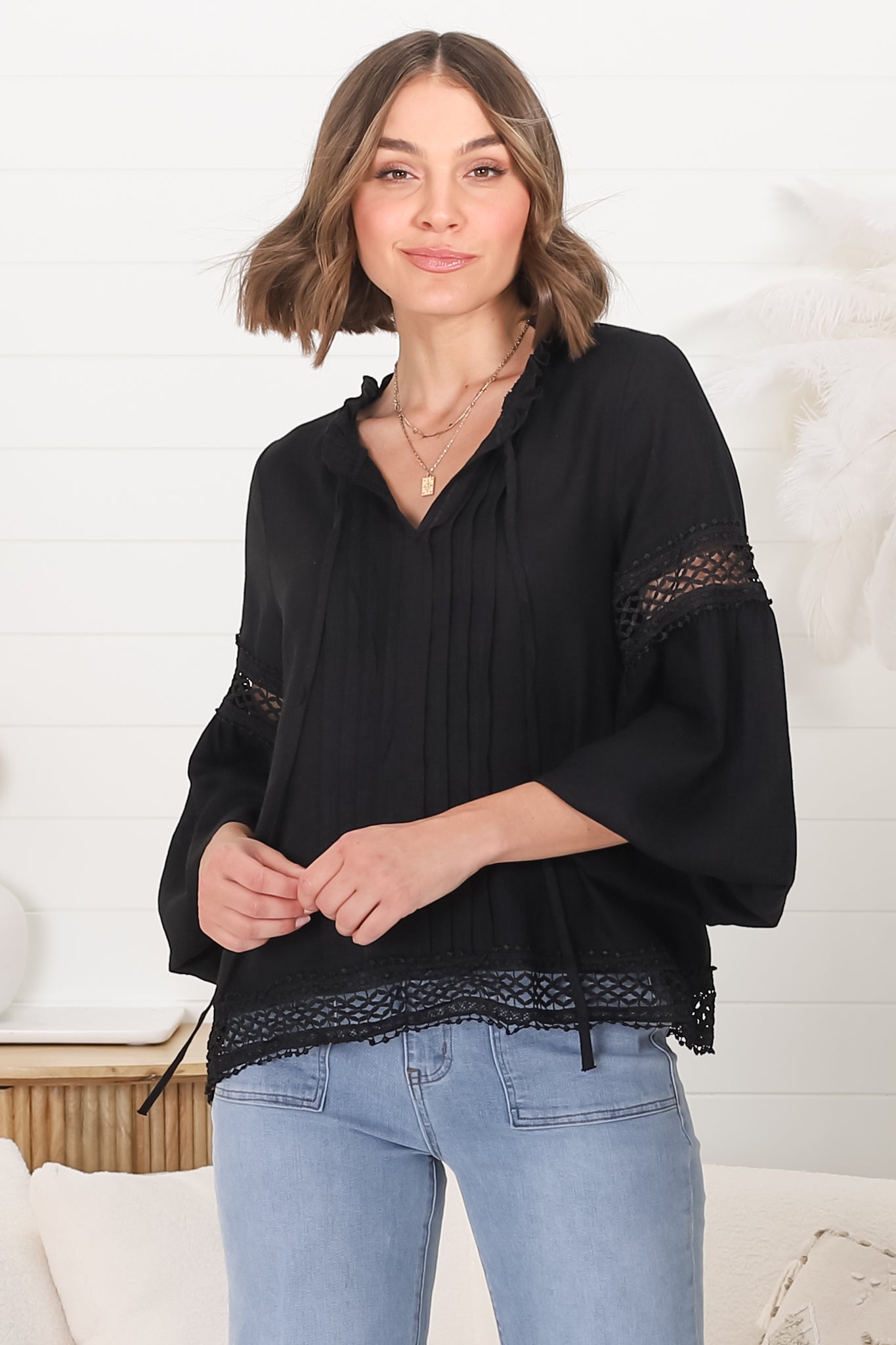 Silas Top - Cotton Blend Pleating and Crochet Detailed Long Sleeve Blouse in Black