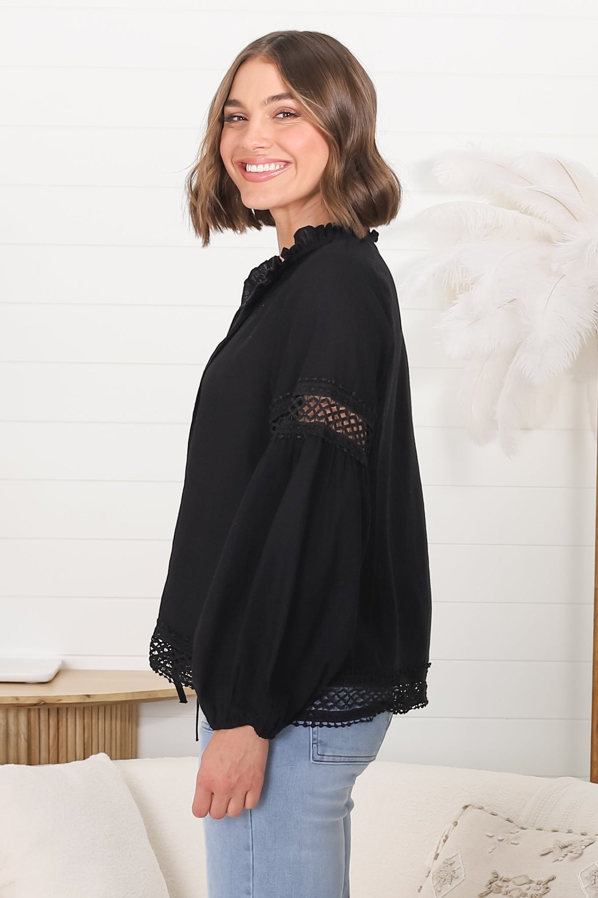 Silas Top - Cotton Blend Pleating and Crochet Detailed Long Sleeve Blouse in Black