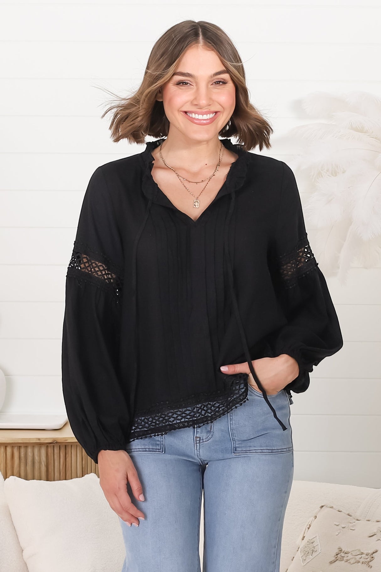 Silas Top - Cotton Blend Pleating and Crochet Detailed Long Sleeve Blouse in Black