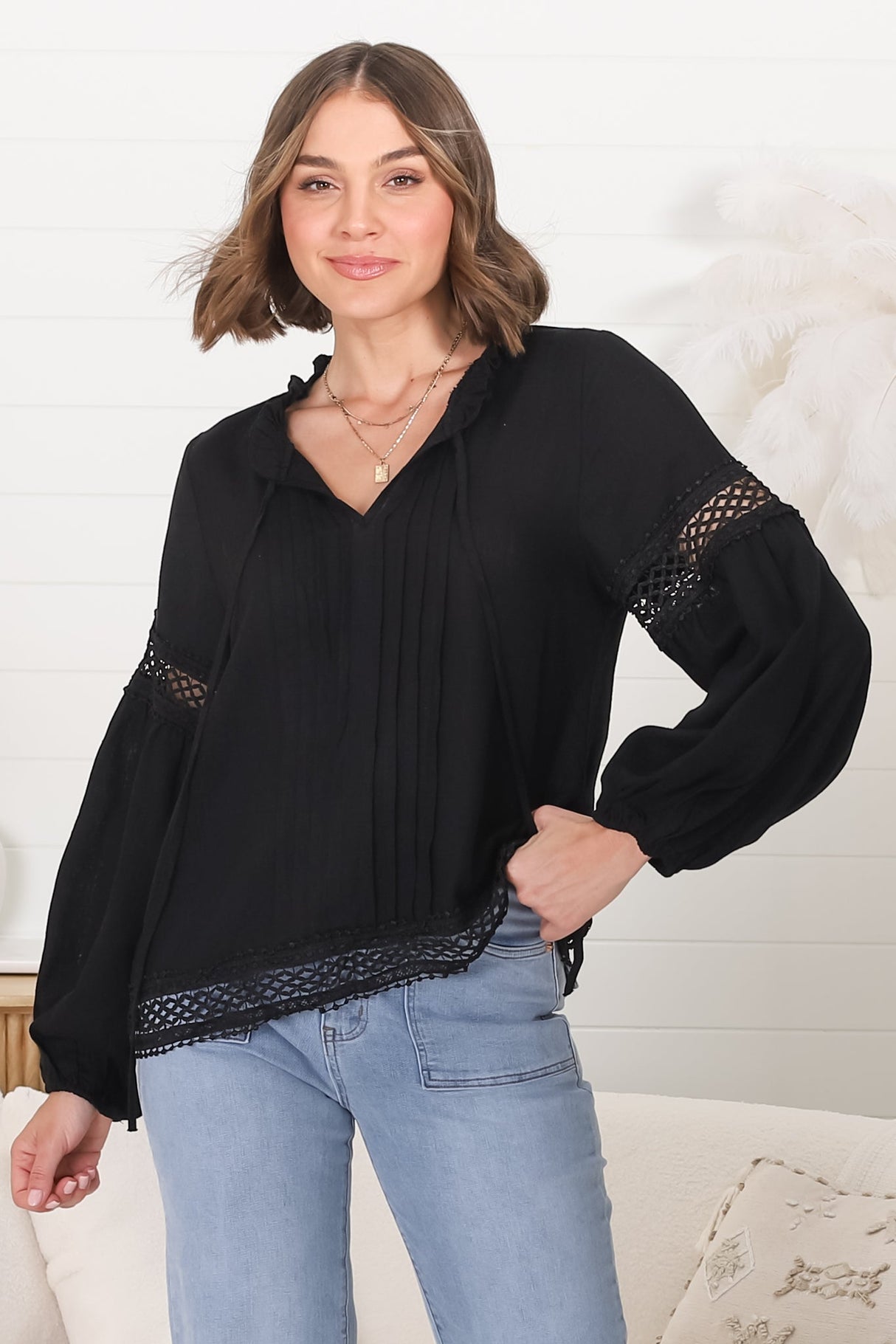 Silas Top - Cotton Blend Pleating and Crochet Detailed Long Sleeve Blouse in Black