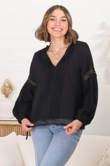 Silas Top - Cotton Blend Pleating and Crochet Detailed Long Sleeve Blouse in Black