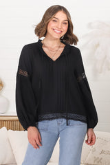 Silas Top - Cotton Blend Pleating and Crochet Detailed Long Sleeve Blouse in Black