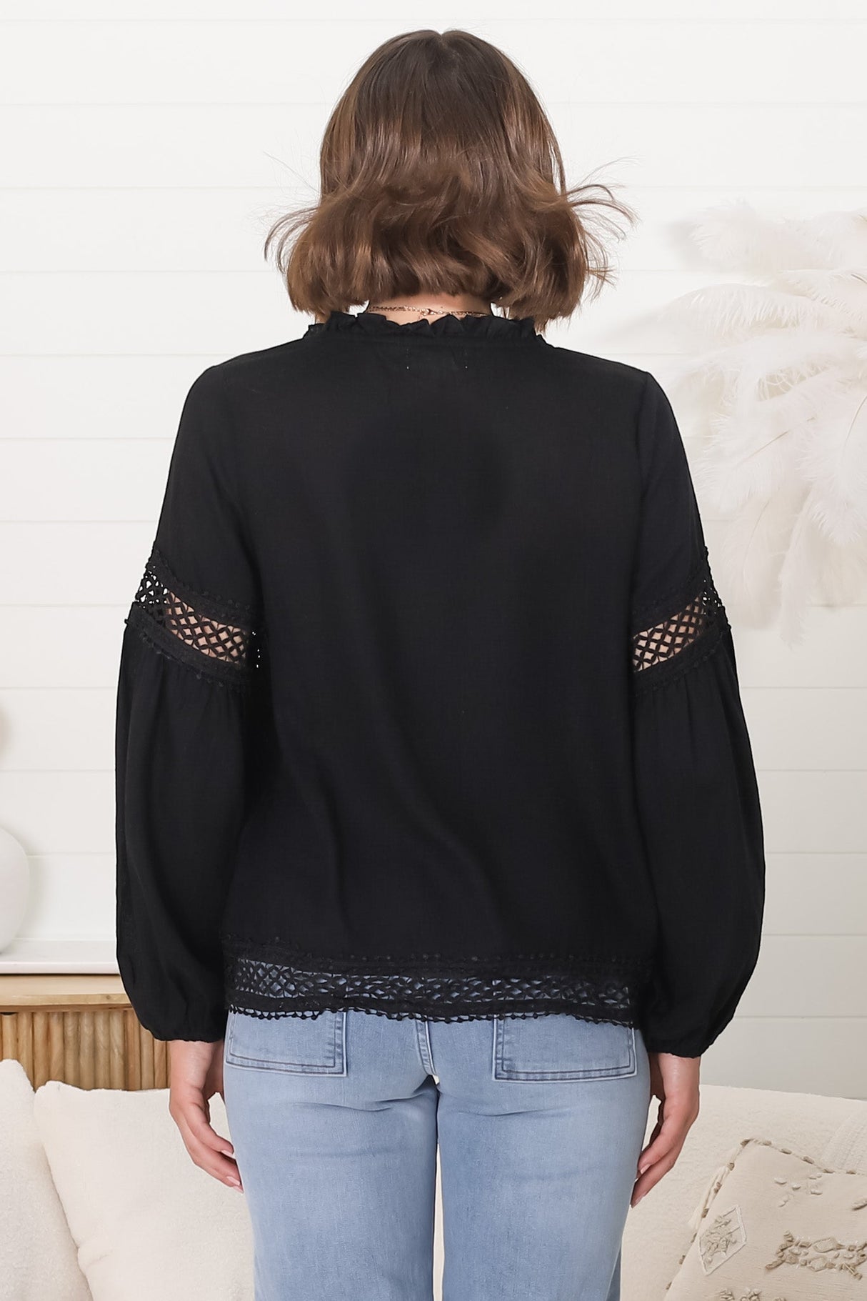 Silas Top - Cotton Blend Pleating and Crochet Detailed Long Sleeve Blouse in Black