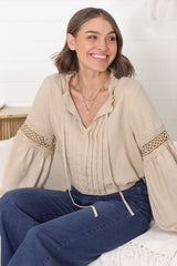 Silas Top - Cotton Blend Pleating and Crochet Detailed Long Sleeve Blouse in Sand