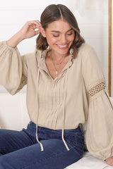 Silas Top - Cotton Blend Pleating and Crochet Detailed Long Sleeve Blouse in Sand