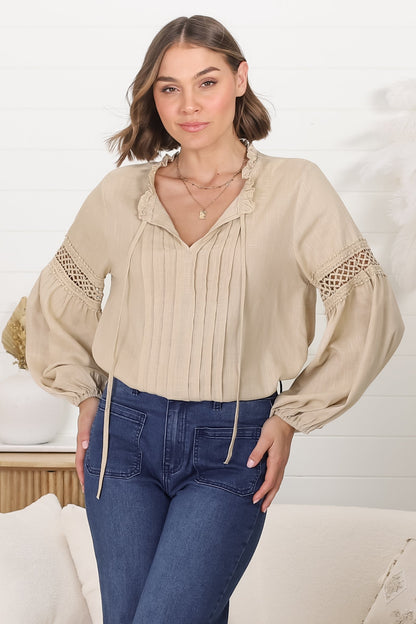 Silas Top - Cotton Blend Pleating and Crochet Detailed Long Sleeve Blouse in Sand