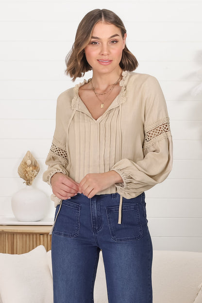 Silas Top - Cotton Blend Pleating and Crochet Detailed Long Sleeve Blouse in Sand
