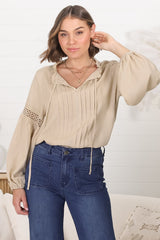 Silas Top - Cotton Blend Pleating and Crochet Detailed Long Sleeve Blouse in Sand