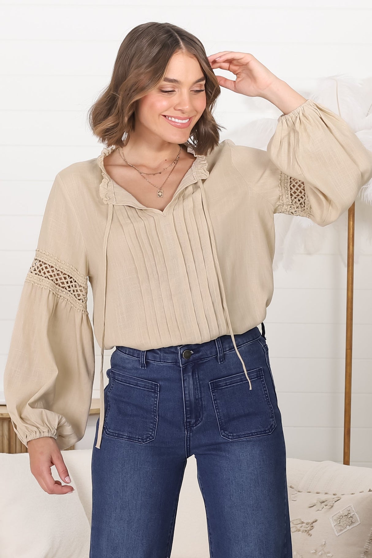 Silas Top - Cotton Blend Pleating and Crochet Detailed Long Sleeve Blouse in Sand