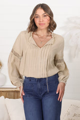 Silas Top - Cotton Blend Pleating and Crochet Detailed Long Sleeve Blouse in Sand