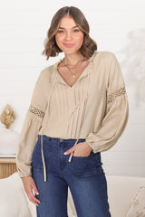 Silas Top - Cotton Blend Pleating and Crochet Detailed Long Sleeve Blouse in Sand