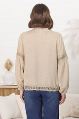 Silas Top - Cotton Blend Pleating and Crochet Detailed Long Sleeve Blouse in Sand