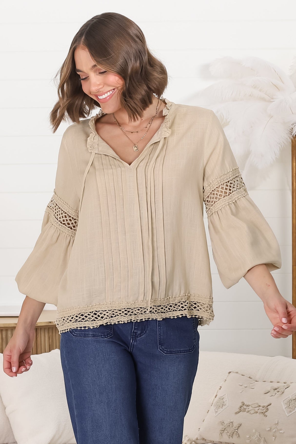 Silas Top - Cotton Blend Pleating and Crochet Detailed Long Sleeve Blouse in Sand