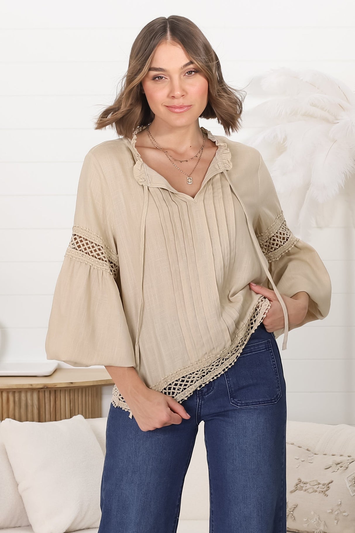 Silas Top - Cotton Blend Pleating and Crochet Detailed Long Sleeve Blouse in Sand