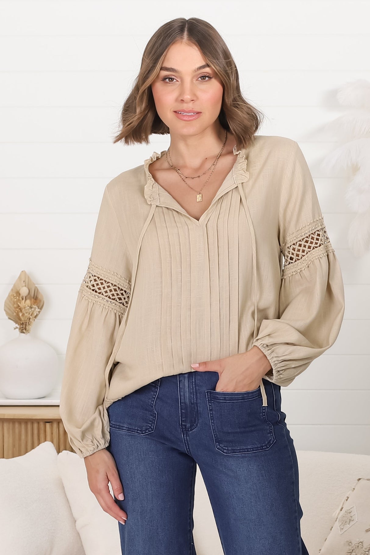 Silas Top - Cotton Blend Pleating and Crochet Detailed Long Sleeve Blouse in Sand