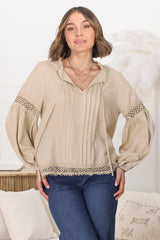 Silas Top - Cotton Blend Pleating and Crochet Detailed Long Sleeve Blouse in Sand