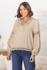 Silas Top - Cotton Blend Pleating and Crochet Detailed Long Sleeve Blouse in Sand