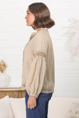 Silas Top - Cotton Blend Pleating and Crochet Detailed Long Sleeve Blouse in Sand