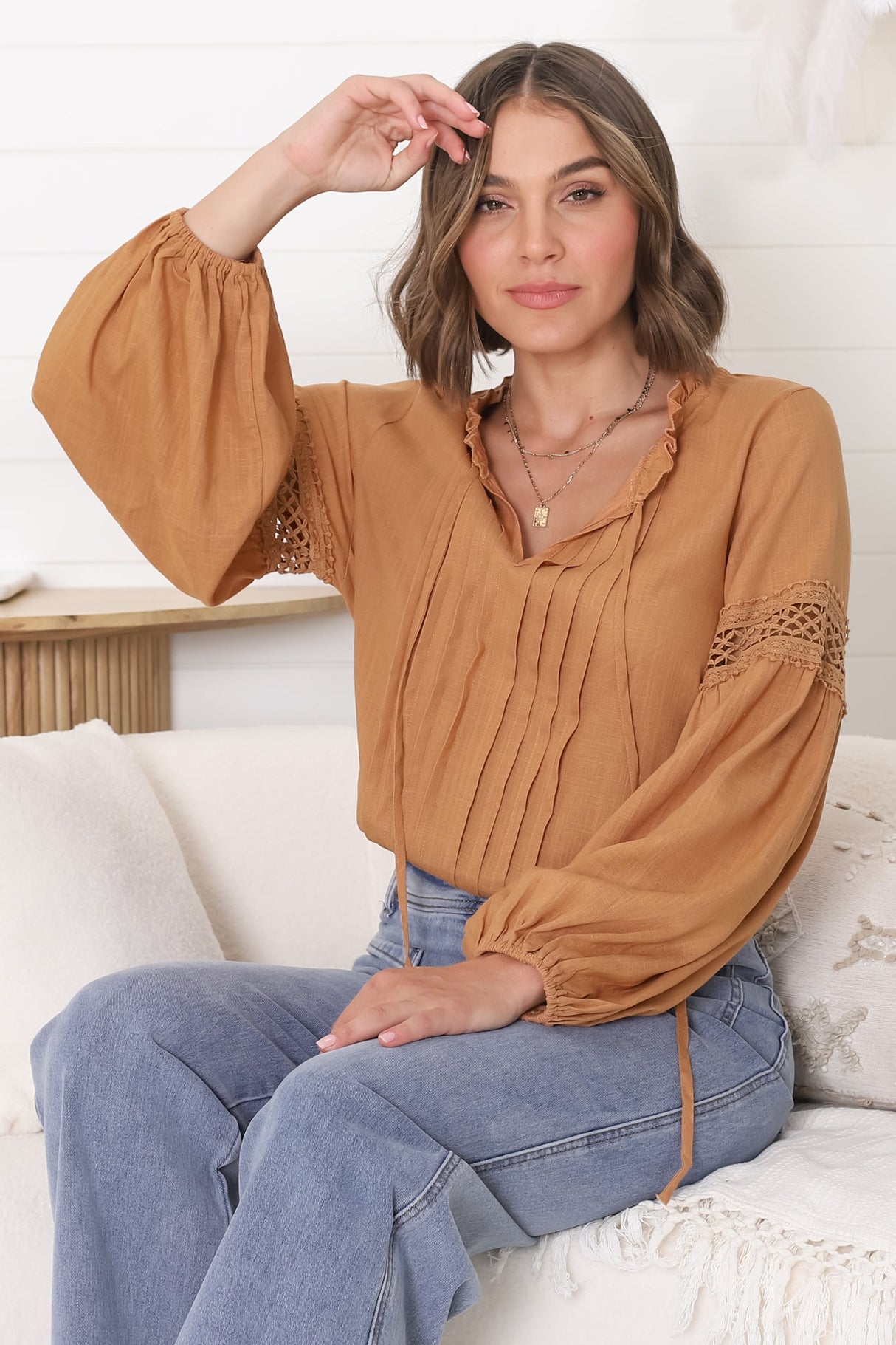 Silas Top - Cotton Blend Pleating and Crochet Detailed Long Sleeve Blouse in Tan