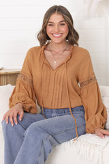 Silas Top - Cotton Blend Pleating and Crochet Detailed Long Sleeve Blouse in Tan