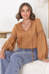 Silas Top - Cotton Blend Pleating and Crochet Detailed Long Sleeve Blouse in Tan