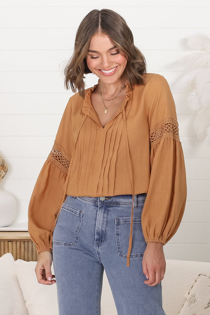 Silas Top - Cotton Blend Pleating and Crochet Detailed Long Sleeve Blouse in Tan