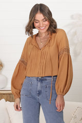 Silas Top - Cotton Blend Pleating and Crochet Detailed Long Sleeve Blouse in Tan