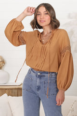 Silas Top - Cotton Blend Pleating and Crochet Detailed Long Sleeve Blouse in Tan