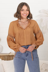 Silas Top - Cotton Blend Pleating and Crochet Detailed Long Sleeve Blouse in Tan