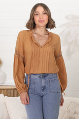 Silas Top - Cotton Blend Pleating and Crochet Detailed Long Sleeve Blouse in Tan