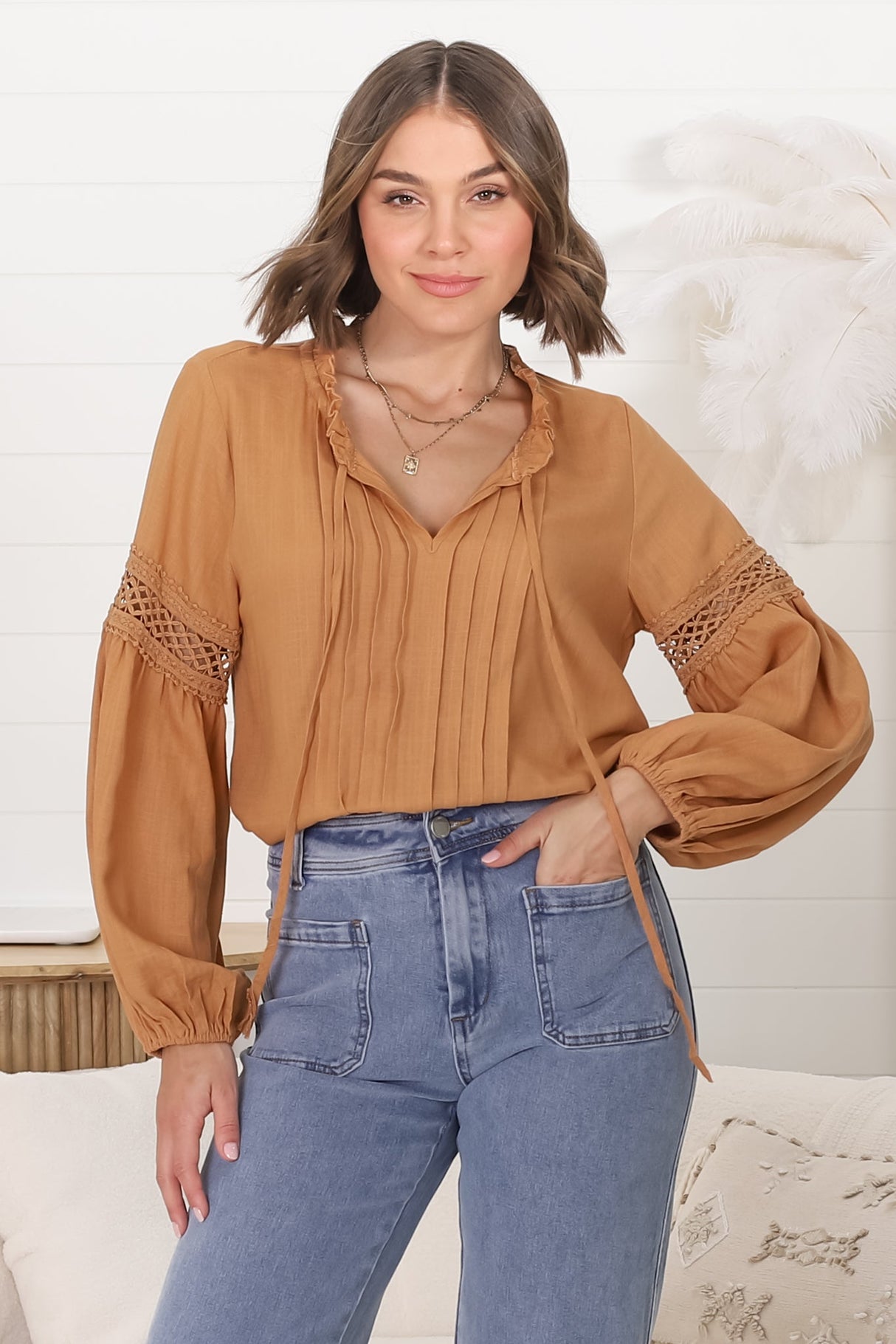 Silas Top - Cotton Blend Pleating and Crochet Detailed Long Sleeve Blouse in Tan