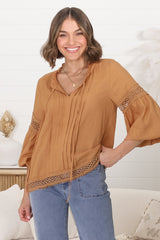 Silas Top - Cotton Blend Pleating and Crochet Detailed Long Sleeve Blouse in Tan